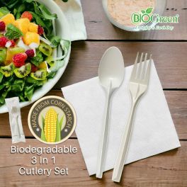 Biodegradable 3 in 1 cutlery set -7" Spoon ,Fork and  Napkin