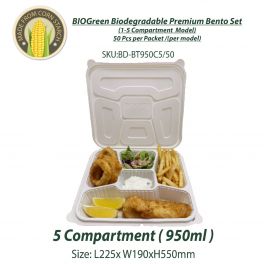 BIOGreen Biodegradable Premium  Bento Set  - Type 5 compartment  ( 950ml )